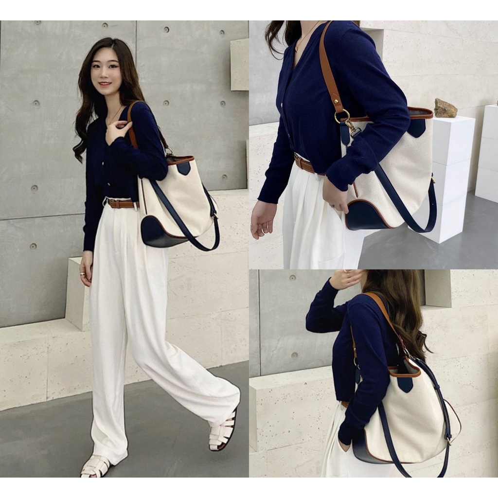 Tas Wanita Selempang Bahu cantik FT59 biru list cream cantik  32 x 12x 26 cm