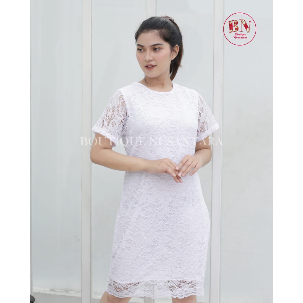 TERLARISS ‼ Dress Brokat PUTIH Remaja Modern~Dress brokat full furing~Midi dress~Dress natal dan tah