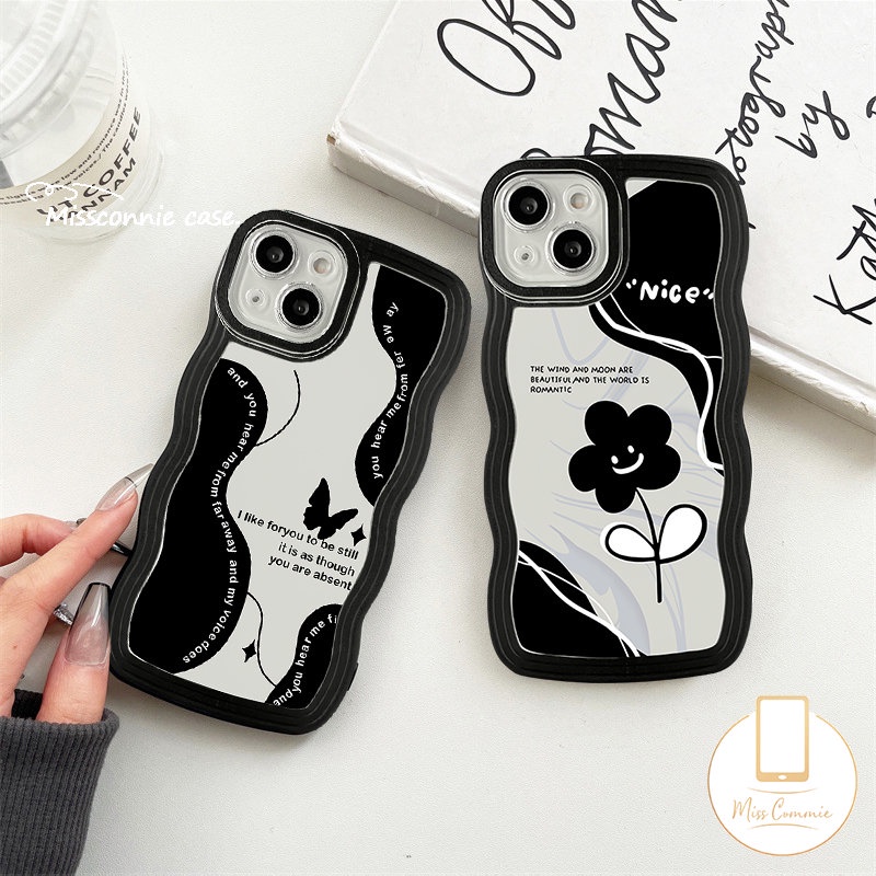 Casing OPPO A17 A15 A78 A16 A55 A54 A96 A95 A5 A9 A16s A74 A52 A5s A7 A12 A57 A77 A17K A3s A77s A76 A1k A53 A16K Reno 8T 8Z 7 8 7Z 6hitam Retro Bunga Kupu Tepi Bergelombang Sarung