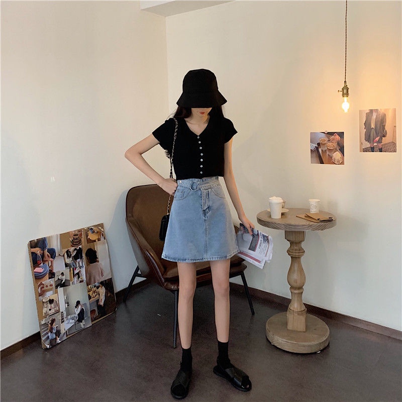 Biru Muda Rok Denim Rok Jeans Rok Pendek Fshion Wanita Pinggang Tinggi Skirt Korean Style Rok Vintage Simple