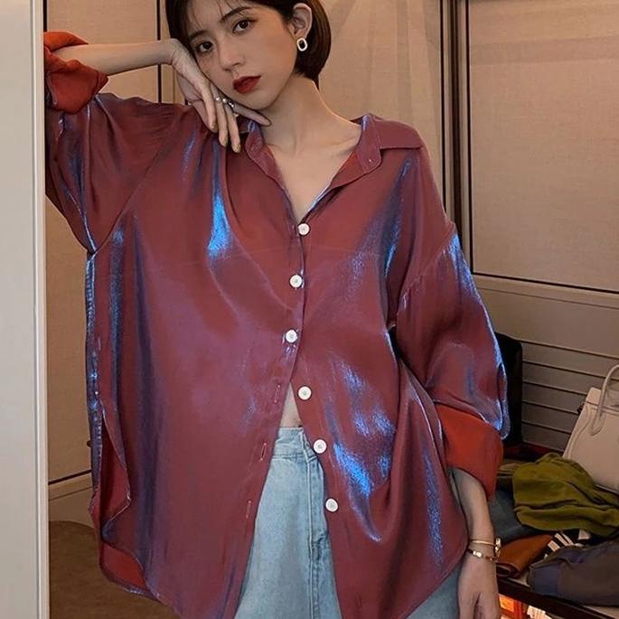 ☄ Shimmering / shimmer shirt kemeja  mengkilap silk kemeja TOP ➺