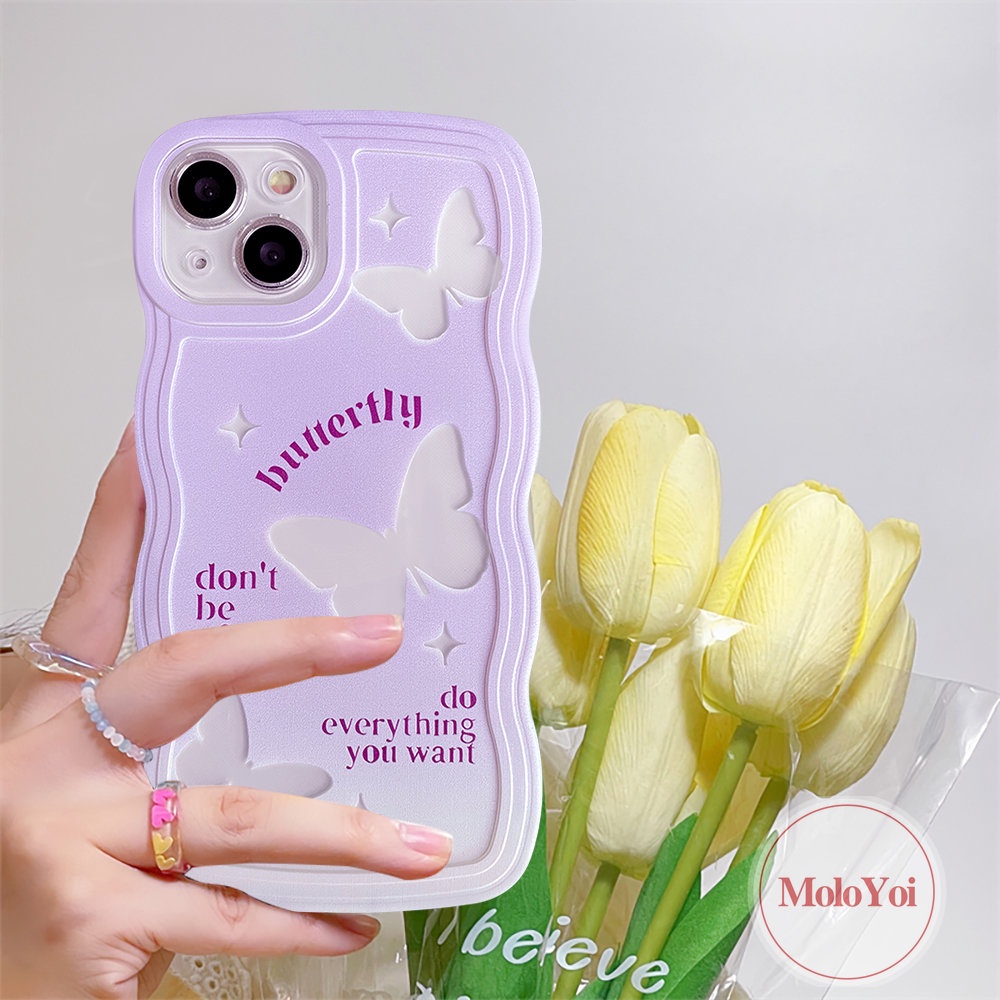 IPHONE Casing Ponsel Kompatibel Untuk Iphone11 14 13 12 Pro Max 6 6s 8 7 Plus XR X XS Max SE 2020 14 Plus Gradasi Ungu Fantastis Kupu-Kupu Tepi Bergelombang Lembut TPU Cover