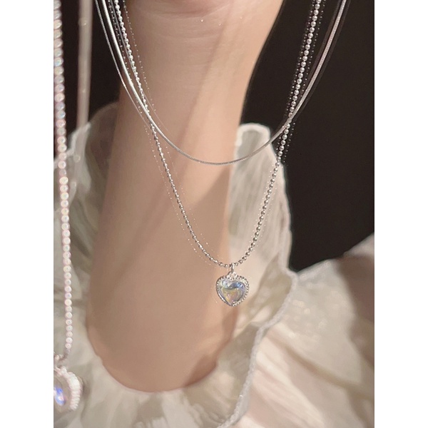 Roselife Chic Double Layer Silver Beaded Chain Opal Heart Pendant Kalung Untuk Wanita Perempuan Gaya Retro Choker Necklaces Jewelry