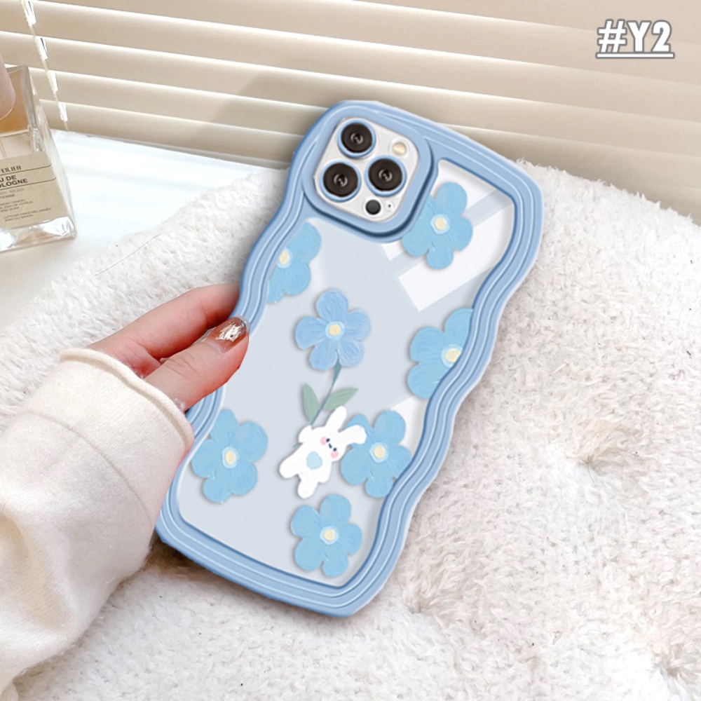 IPHONE Case Fashion Kompatibel Untuk Iphone11 13 14 13 Pro MAX IPhone7 8plus 6s Plus XR 14 Plus XS MAX SE Wavy Edge Lukisan Minyak Bunga Cinta Hati Kelinci Bening TPU Soft Cover BY