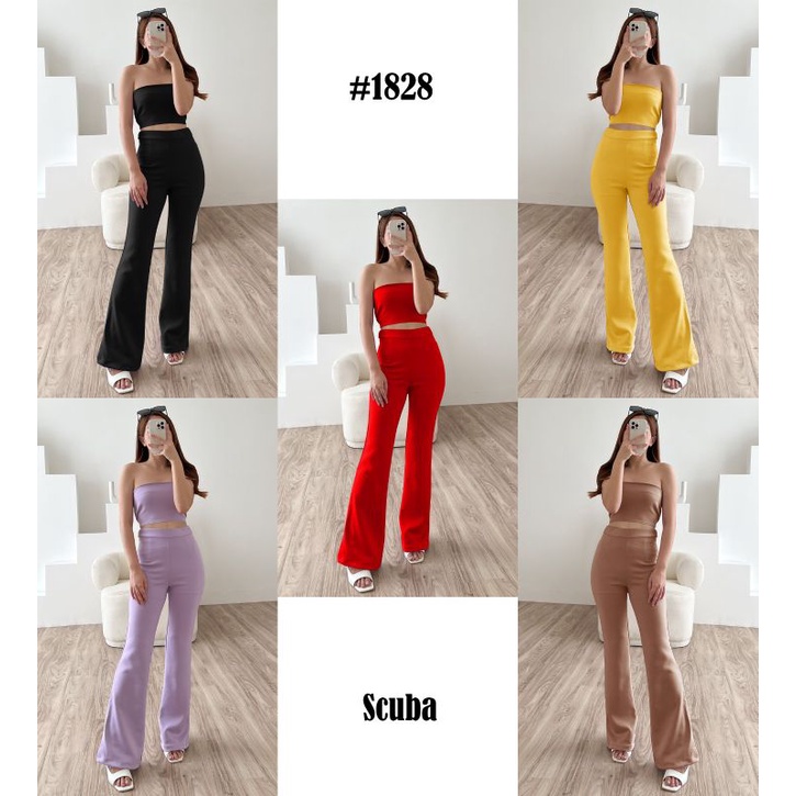 1828 Setelan Crop Top Celana Panjang Wanita Scuba RB
