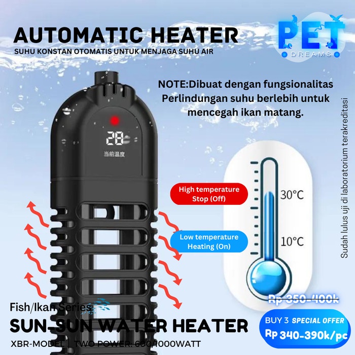 DIGITAL AQUARIUM WATER HEATER PENGHANGAT PEMANAS KOLAM AIR IKAN SUNSUN