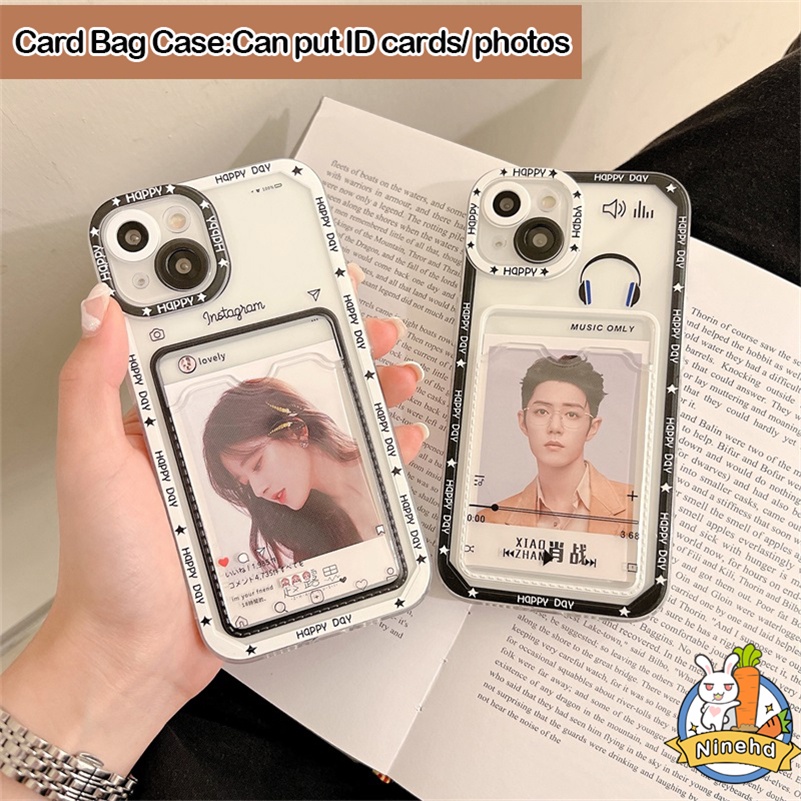 Case Tas Kartu Bening Kompatibel Untuk Iphone14 13 12 11 Pro Max X Xr Xs Max iPhone 8 7 6 6s Plus SE 2020 Musik Foto Bening Card Holder Silikon Phone Case Shockproof Soft TPU Cover