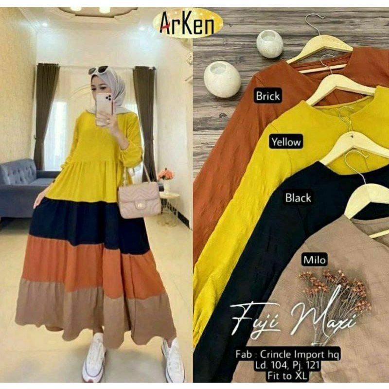 Gamis Fuji Midi - Gamis Terbaru Rayon Premium Dress Wanita Pelangi Lengan Karet Maxi Dress Kekinian LD 110 cm