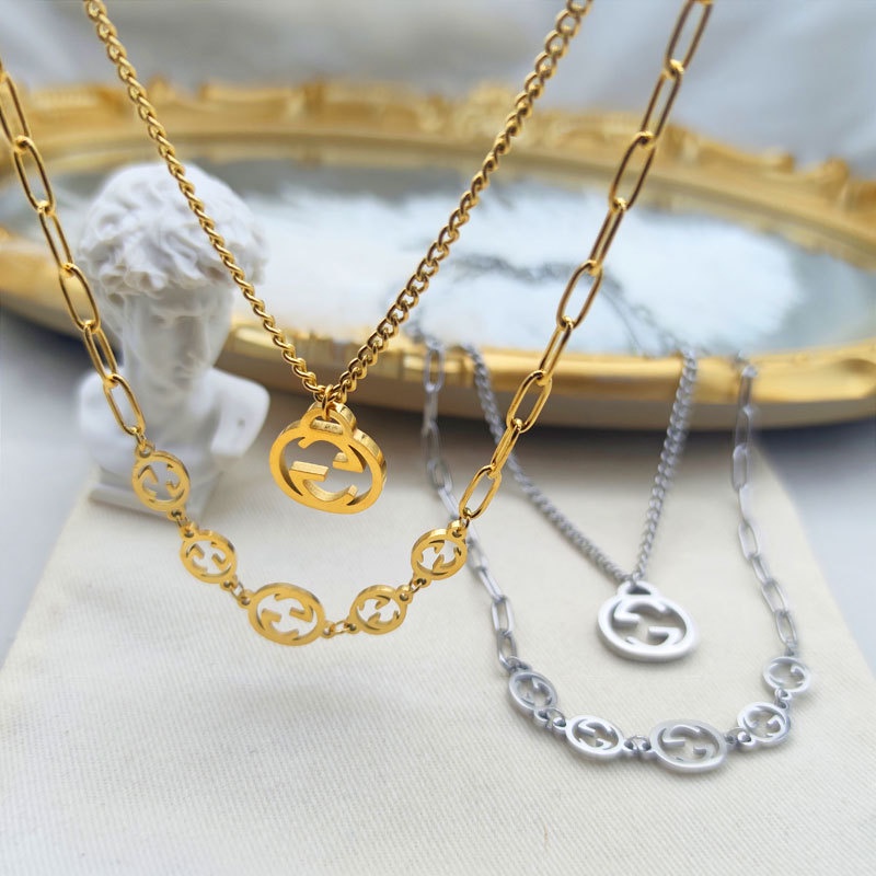 Kalung Double Layer Model Hollow | Kalung Desain Tulisan | Rose Gold 18k | Kalung Untuk Wanita | Sendok Garpu Bahan Stainless Steel | Bahan Titanium Steel