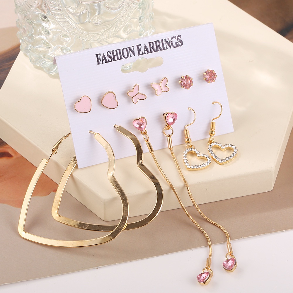 Lucu Merah Muda Kupu-Kupu Stud Anting Set Untuk Wanita Besar Berongga Hati Panjang Rumbai Drop Earring Perhiasan Harian Memakai Hadiah