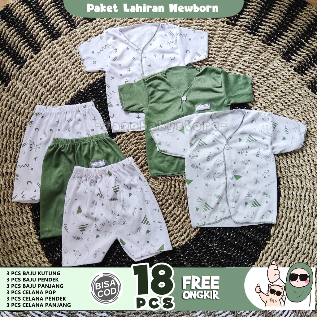 18 Pcs Paket Lahiran Baju Bayi Newborn Motif Hijau Tua