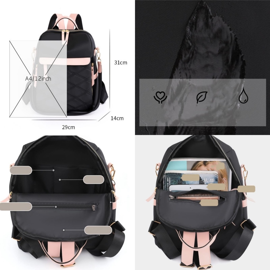 TAS RANSEL WANITA BACKPACK ANTI AIR HITAM ROSMIA TA736B5 IMPORT CEWEK KOREA GENDONG PUNGGUNG SEKOLAH KULIAH KERJA PREMIUM REMAJA KEKINIAN LUCU BRANDED BATAM