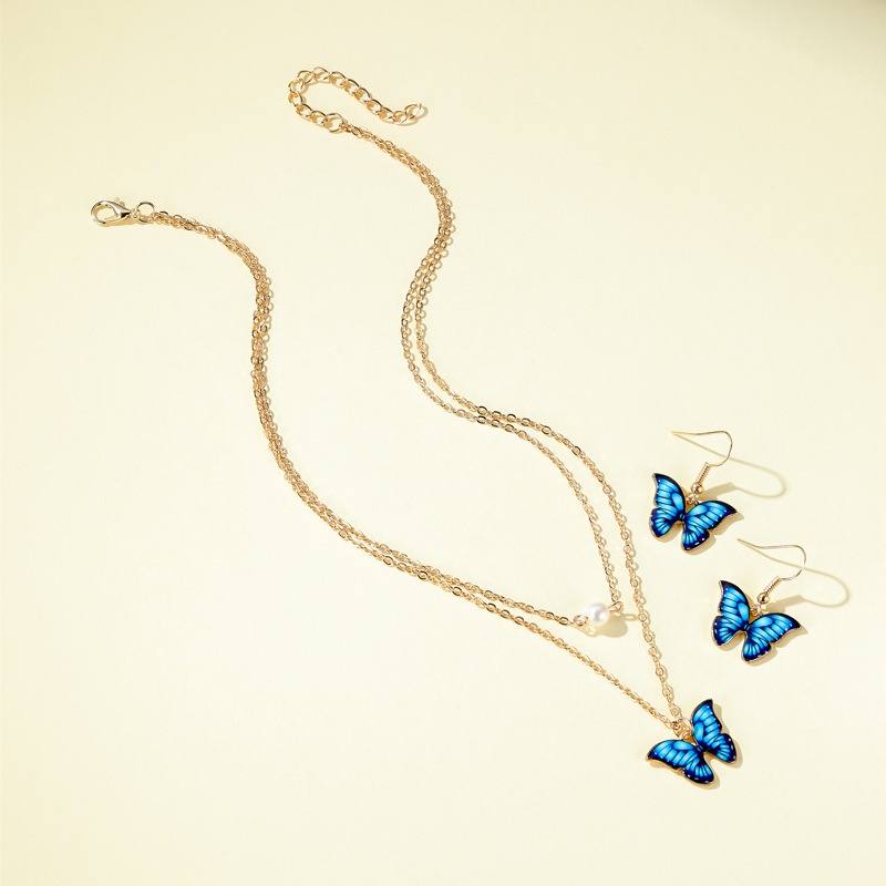 Butterfly Set Kalung Rantai + Anting Tusuk Motif Kupu-Kupu Aksen Hollow Untuk Perhiasan Wanita | Dripping Oil Dua Lapis Aksen Mutiara Warna-Warni | Kalung Rantai Dengan Liontin Bunga Untuk Wanita | Kalung Anting Bahan Stainless Steel | Kotak Hadiah Untuk