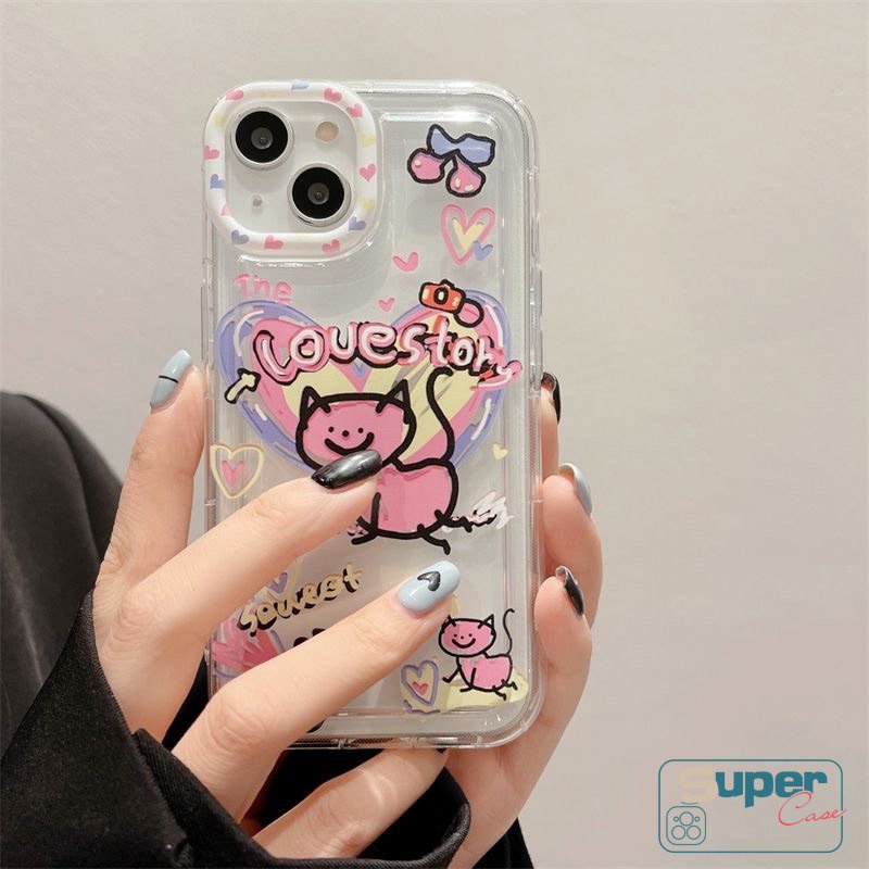 IPHONE Casing Ponsel Kompatibel Untuk Iphone11 7 8 Plus XR X13 12 14 Pro Max 6s 6 Plus XS Max SE 2020 Ins Graffiti Kartun Lucu Cinta Hati Kucing Lembut Silicon TPU Airbag Shockproof Clear Cover