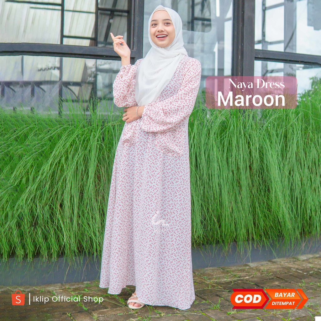 IKLIP Naya Dress Maroon ~ Dress Muslim Motif Bunga Casual Feminine Dress