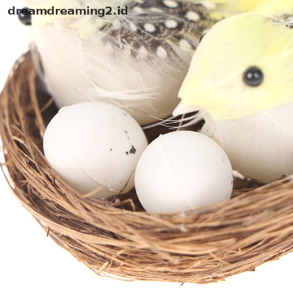 (dream) 1set Patung Burung Berbulu &amp; Sarang &amp; Telur Artificial Craft Kreatif.