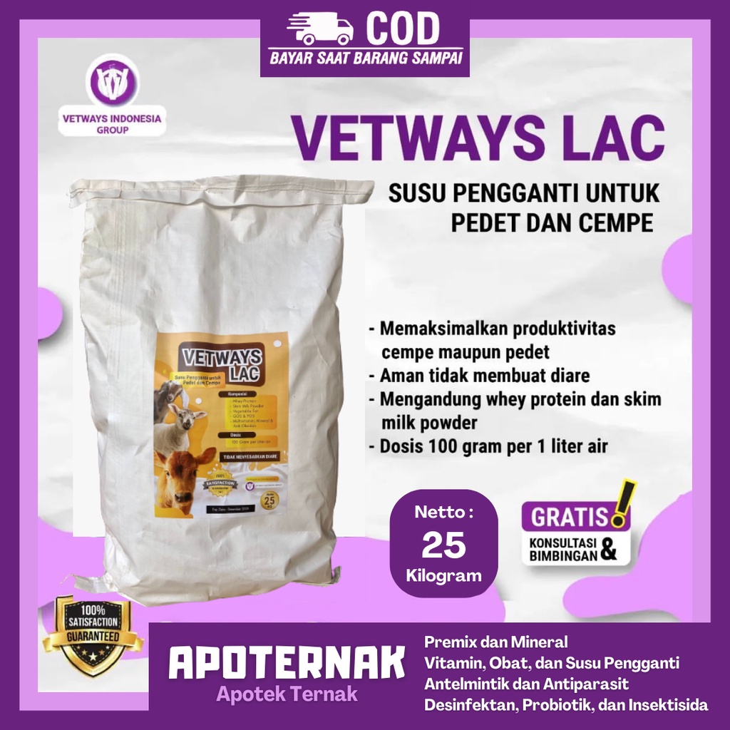 VETWAYS LAC 1 Sak 25 kg | Susu Pengganti Susu Sambung Induk Sapi Kambing Domba Anti Diare Mencret | Susu Pedet Cempe | Master Lac Kalvolac | Apoternak