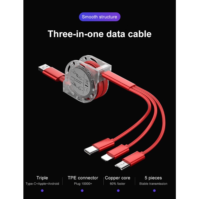 Charger Ponsel 1.5M Kabel Charging Line Tiga-Dalam-Satu Kristal Multifungsi