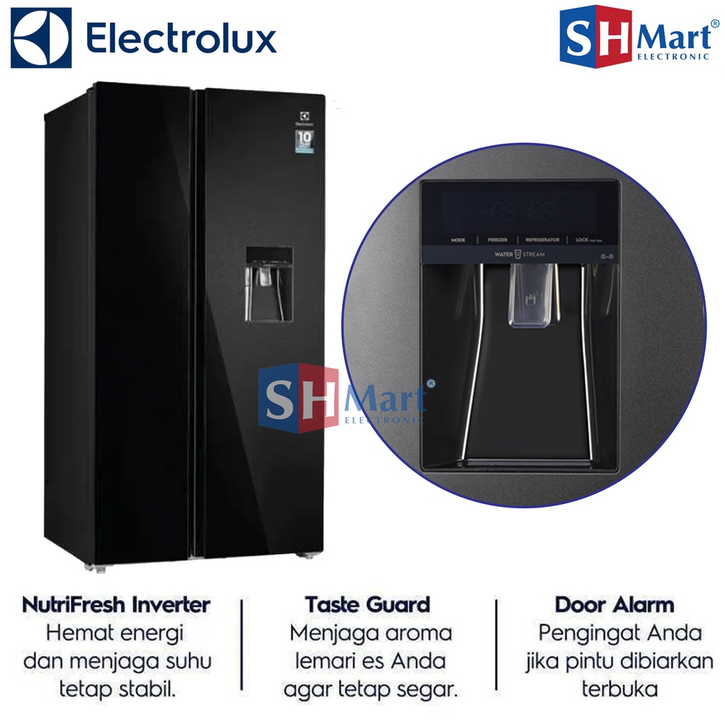 KULKAS SIDE BY SIDE ELECTROLUX KAPASITAS 619 LITER ESE6645A-BID GLASS DOOR GARANSI RESMI