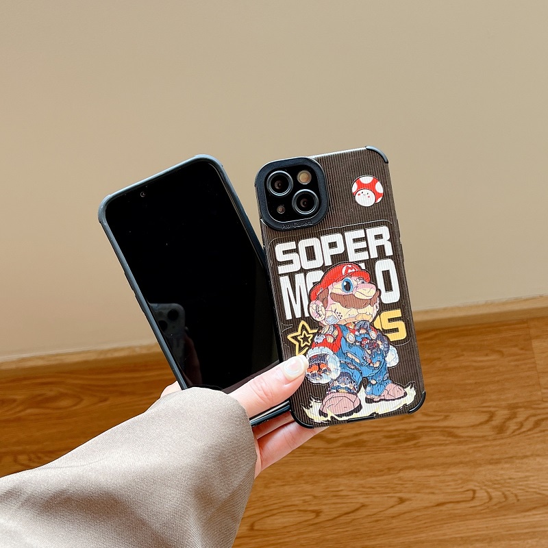 IPHONE Soft Case Perlindungan Serat Vertikal Motif Kartun Mario Untuk Iphone14 13 12 11 Pro maxX XR XS Max7 8 Plus
