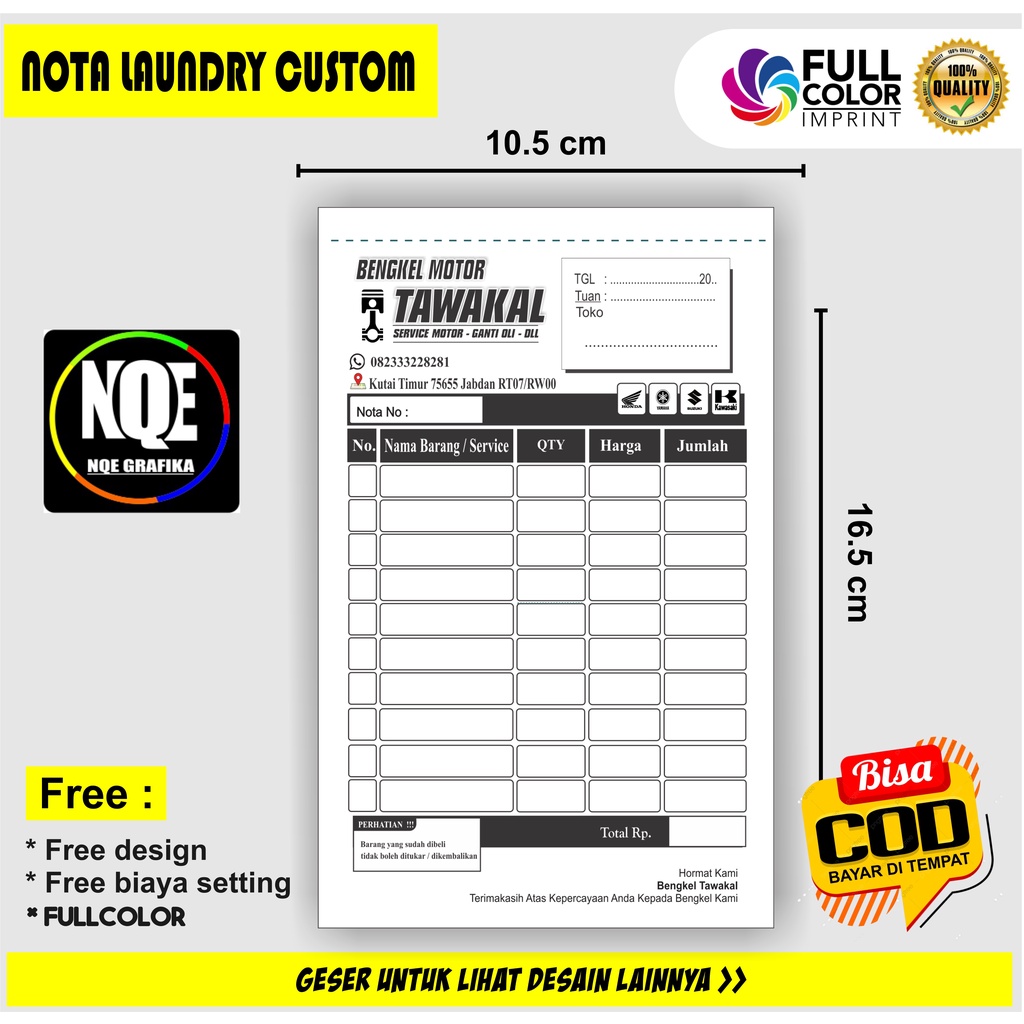 

nota bengkel motor nama sendiri,nota 2 ply murah bengkel motor UKURAN 1/4 PLY