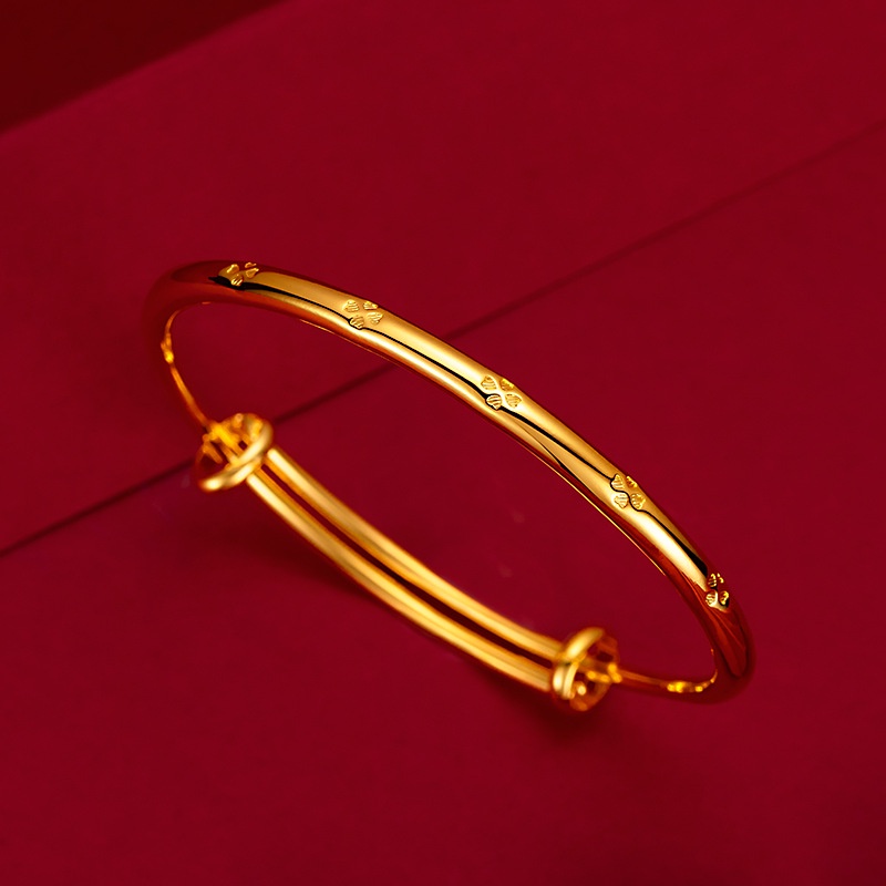 Goldkingdom Perhiasan Fashion 24 K Bangkok Aksesoris Ready Stock Gelang Rumput Beruntung Berlapis Emas Semanggi Daun Ganda Halus Push Handle Cincin Gaya Wanita