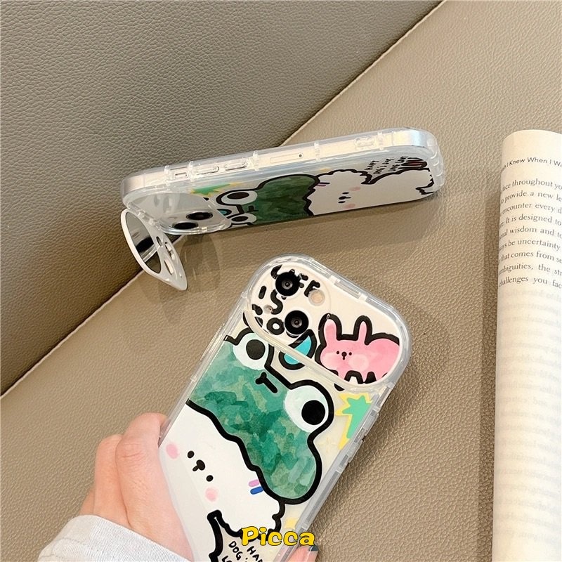 Flip Kreatif Make Up Mirror Case Kompatibel Untuk IPhone 11 Pro Max XR 7Plus 8 7 Plus X 13 11 12 14 Pro Max XS Max SE 2020 Graffiti Kartun Hewan Kelinci Lucu Kodok Anjing Soft Cover