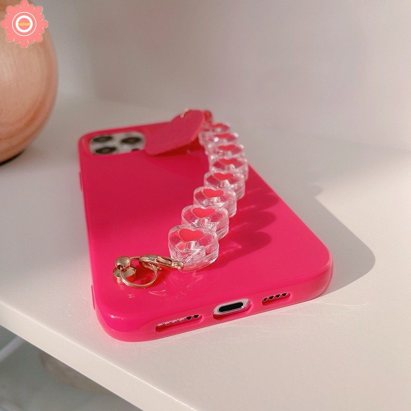 IPHONE Casing Ponsel Gelang Tangan Mewah Kompatibel Untuk Iphone11 7plus XR 14 13 12 Pro Max7 8 Plus X XS Max SE 2020 Simple Glossy Halus Lembut Tpu Dengan Penutup Tali Gelang Love Heart