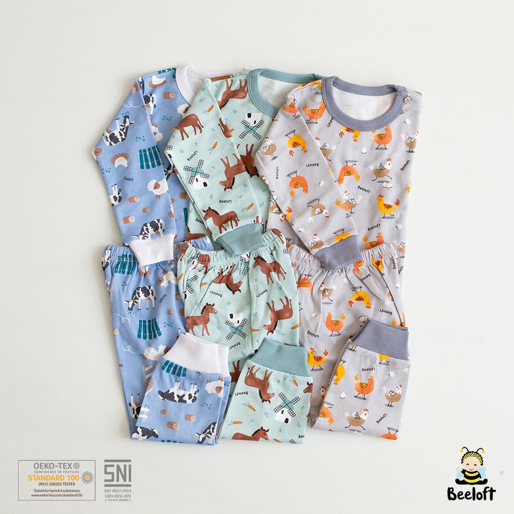 Beeloft Setelan Baju Bayi 3-12 Bulan Setelan Panjang Anak Motif Farm Village 3 Setel Baju Panjang Celana Panjang Series S M L 3-12 Bulan