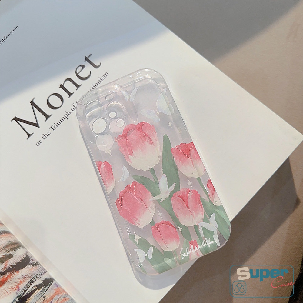 IPHONE Shockproof Airbag Phone Case Kompatibel Untuk Iphone14 13 Pro Max7 8 Plus 11 12 Pro MAX XR X6 6S PlusX XS MAX Fashion Segar Musim Semi Bunga Tulip Kupu-Kupu Soft TPU Case