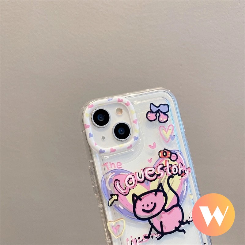 IPHONE Ins Graffiti Phone Case Kompatibel Untuk Iphone11 13 12 14 Pro Max XR X7 8 6s 6 Plus XS Max SE 2020 Lucu Kartun Cinta Hati Kucing Lembut Silicon TPU Airbag Shockproof Clear Cover