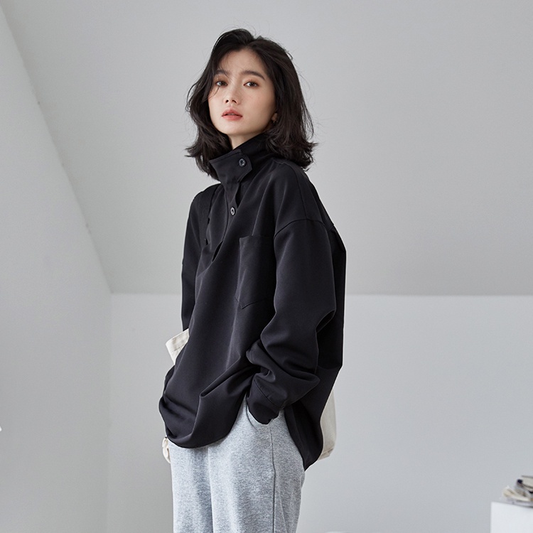 Kemeja Hitam Wanita High Collar Lengan Panjang Basic Shirt