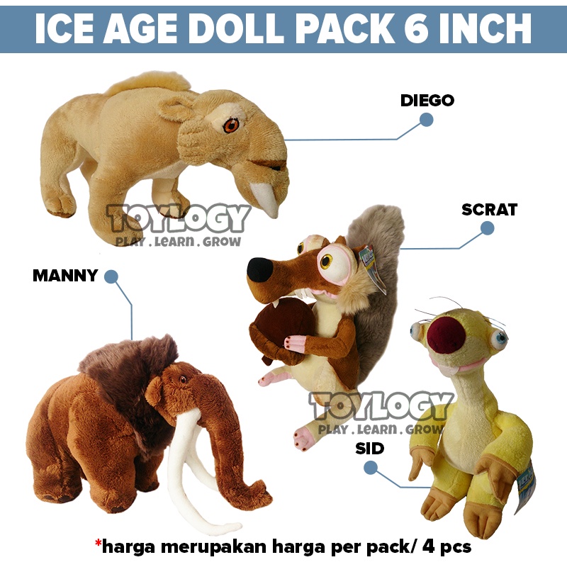 Boneka Hewan Karakter Ice Age Manny Sid Diego Scrat Plush Stuffed Doll 6 Inch