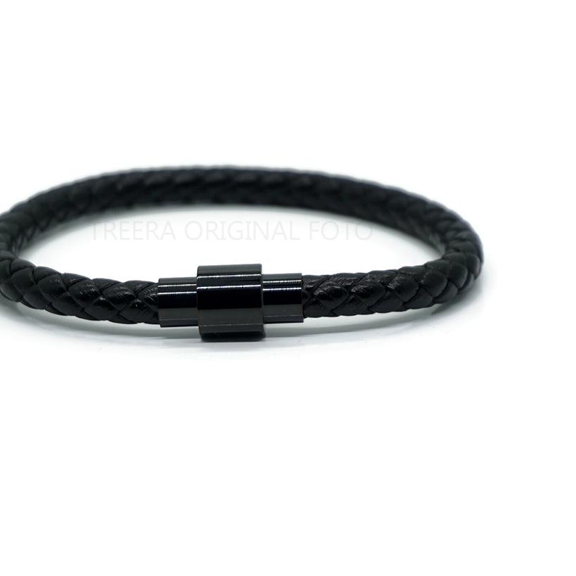 ➭ Treera - Gelang Kulit Pria Hitam Magnetic Lock Emas Hitam Original ✈