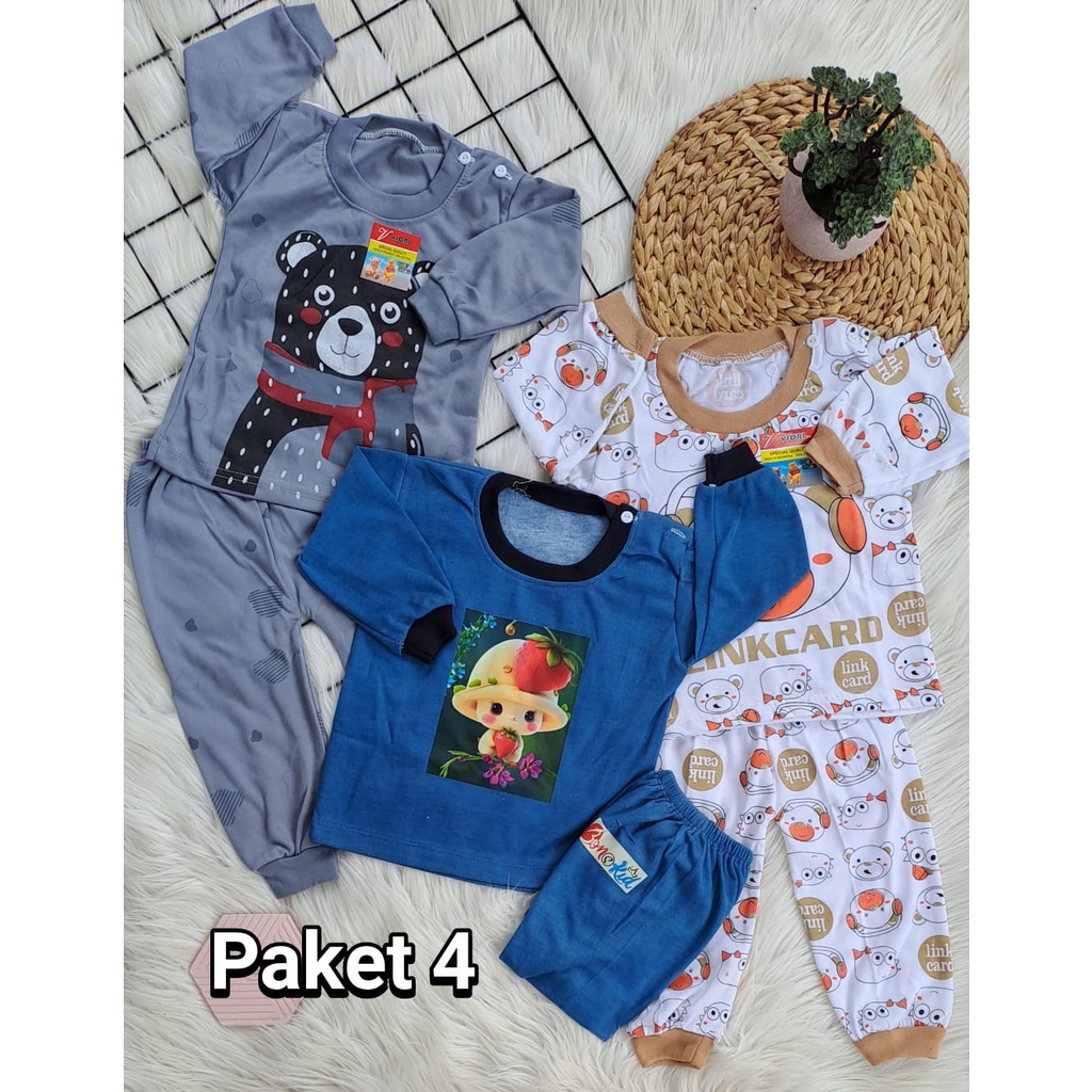 setelan baju anak laki laki perempuan lengan panjang paket hemat lucu motif karakter 3-18 bulan