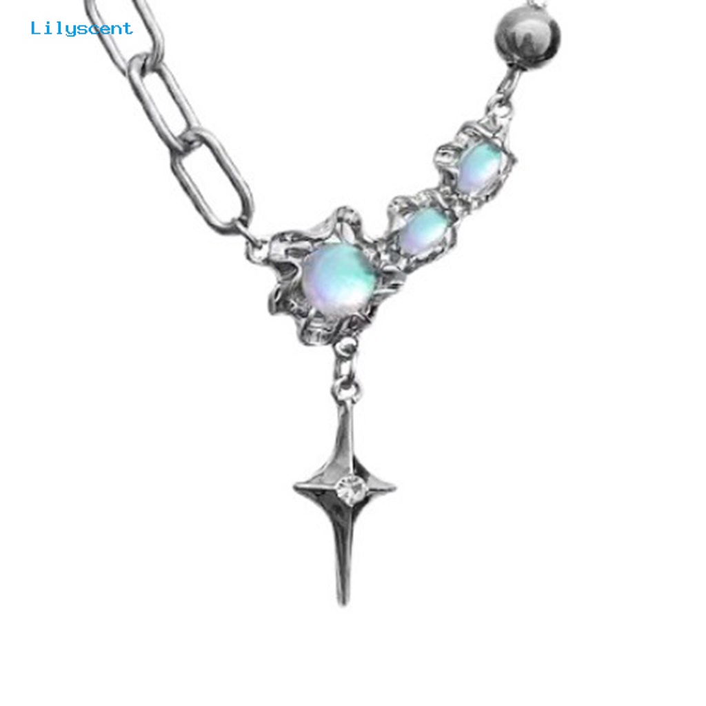 [LS] Wanita Kalung Faux Moonstone Bright Luster Hias Adjustable Semua Pertandingan Perhiasan Hadiah Baja Titanium Lady Bintang Berujung Empat Liontin Kalung Rantai Klavikula Untuk Pakaian Sehari-Hari