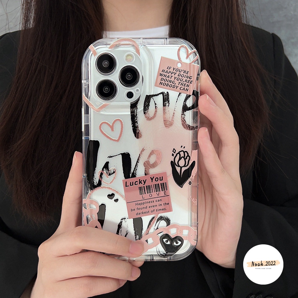 IPHONE Kartun Graffiti Cinta Hati Case Kompatibel Untuk Iphone11 13 12 14 Pro Max6 6s 7 8 Plus XR X XS MAX Shockproof Airbag Comme des Garcons Label Bunga Bening TPU Case Soft Cover