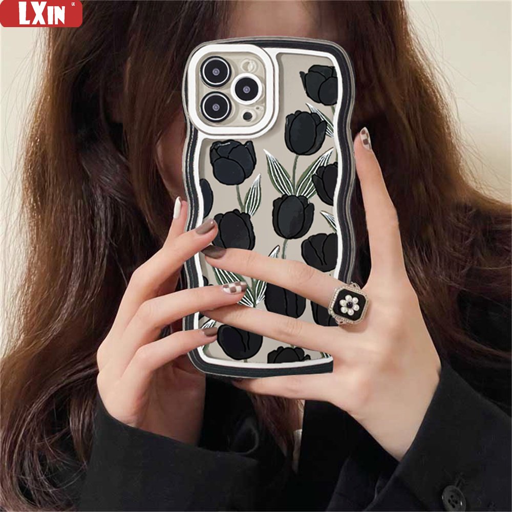 Casing Tulip Hitam OPPO A17 A57 2022 A15 A16 A16K A54 A12 A5S A7 A94 A93 A3S A11k A53 A31 A52 A92 A37 F9 A1K A76 A36 5F A9 2020 Wave Edge TPU Phone Case Cover