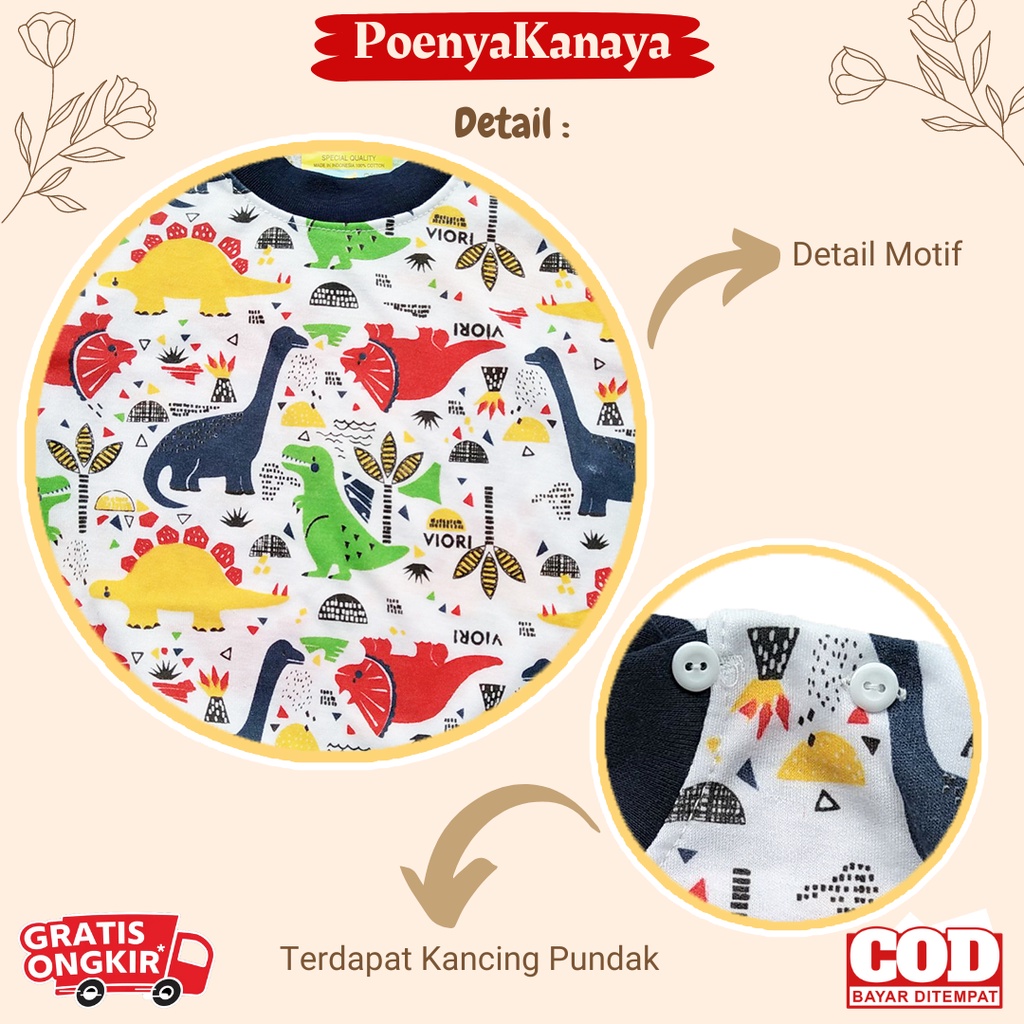 Setelan Baju Bayi Piyama PENDEK DINOSAURUS FULL PRINT Viori Size 6-18 Bulan STL25