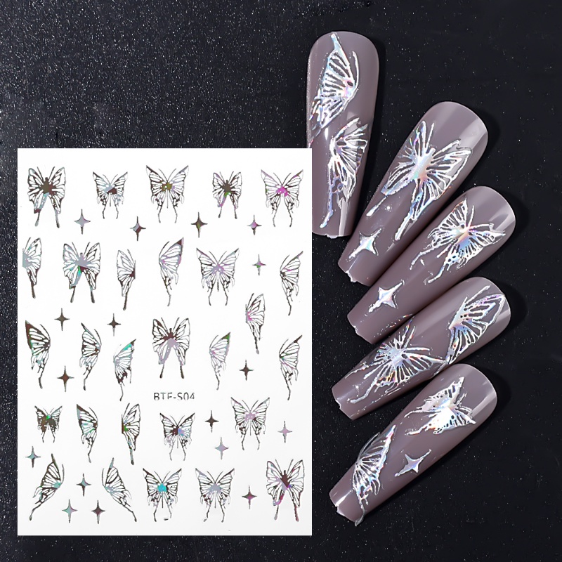 3d Berongga Kupu-Kupu Nail Art Stiker/Reflektif Laser Bintang Emas Perak Kuku Manicure Sticker