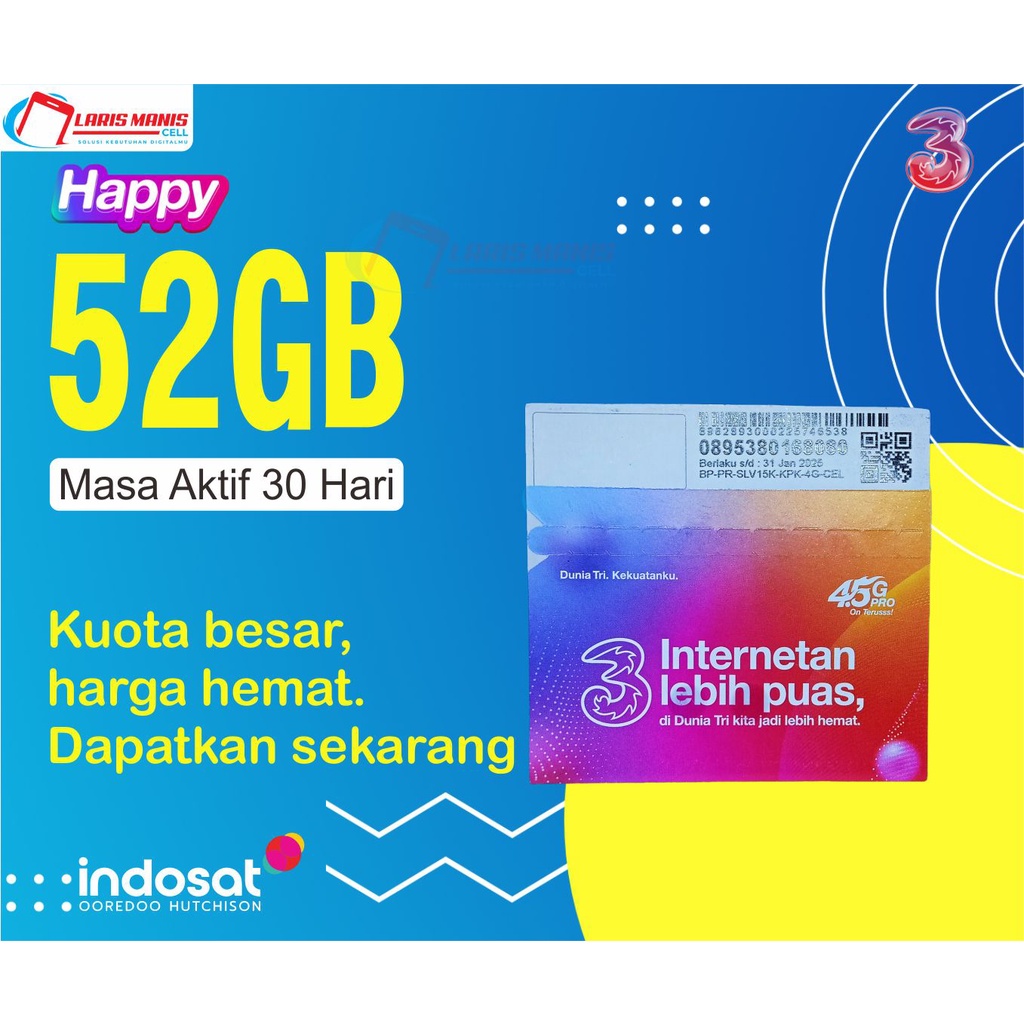 Kartu Perdana Tri Happy 52GB Masa Aktif 30 Hari
