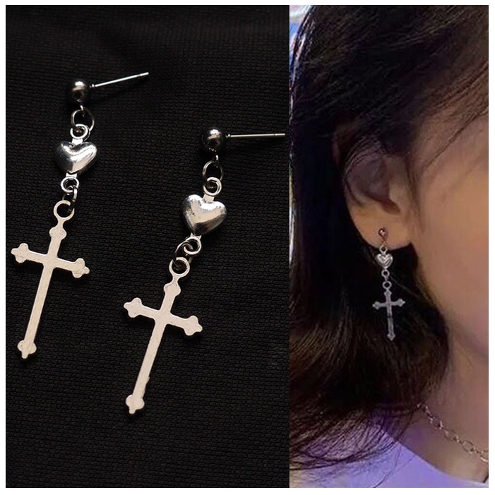 1pasang woman fashion punkstyle heart cross pendant Studs earring Menjuntai Perhiasan