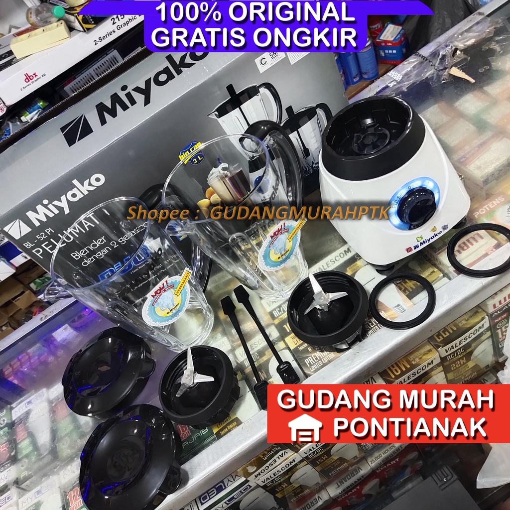 Blender Miyako 2 TABUNG JUMBO ANTI PECAH 1.5 liter BL-52 PI Pelumat dengan 2 Gelas Container bahan plastik 1,5 L Penghancur Es Batu