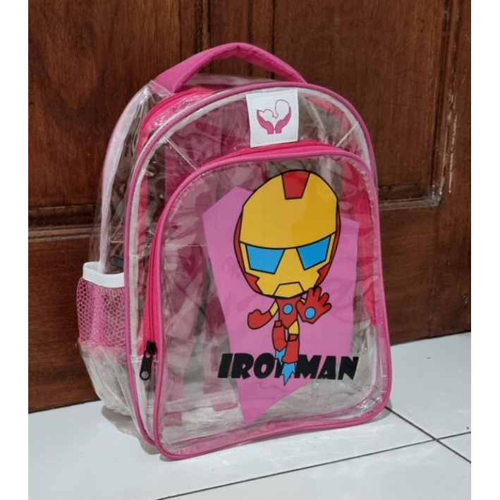 Hot Sale Tas Ransel Transparan PVC Karakter Iron-man Tas Sekolah TK,SD Anak Pria Wanita