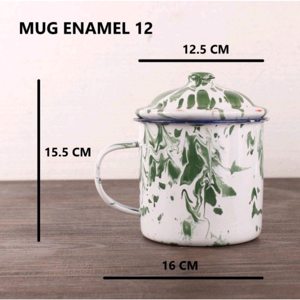 Gelas mug enamel jadul + tutup motif blirik