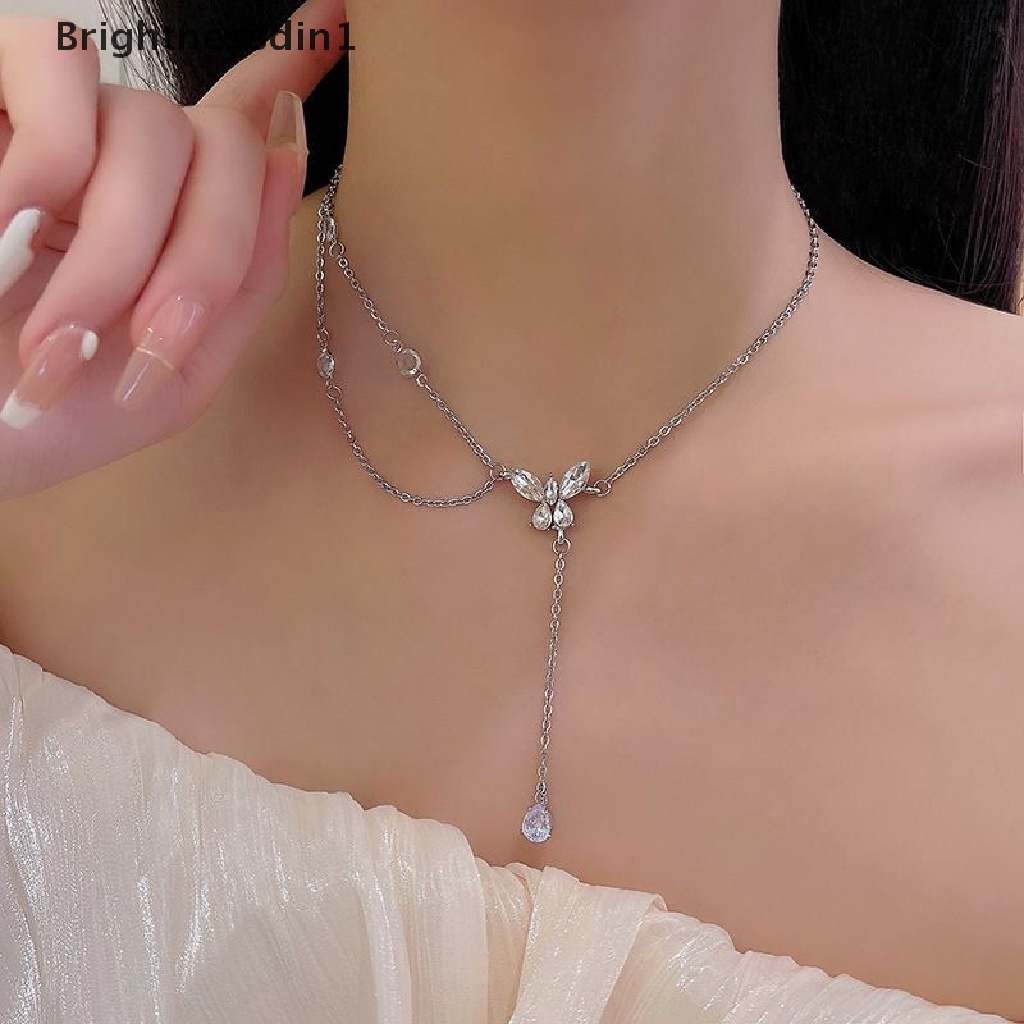 [Brightnessdin1] Rumbai Panjang Kristal Liontin Kalung Fashion Zirkon Kupu-Kupu Kalung Gothic Manis Vintage Wanita Perhiasan Kalung Butik
