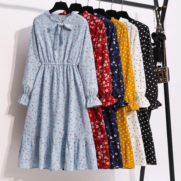 Special Price Fashion Warna Hitam Bunga Biru Titik Gelombang Wanita Beach Midi Dress Korea Lengan Pa