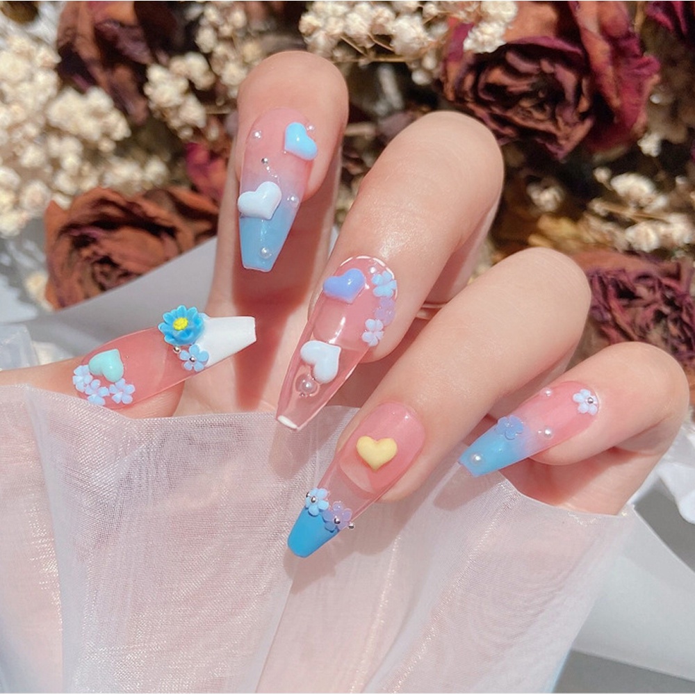 Ornamen Manik-Manik Bunga 3D Bahan Akrilik Warna Pink Biru Untuk Dekorasi Nail Art