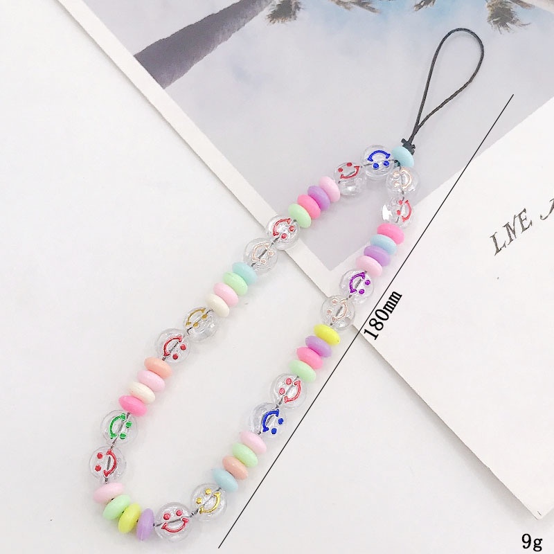 Rantai Manik-Manik Gepeng Warna Pelangi Wajah Senyum Transparan Untuk iPhone Android OPPO VIVO Huawei Xiaomi Redmi Samsung Semua Ponsel Earphone Case Tali Anti Hilang