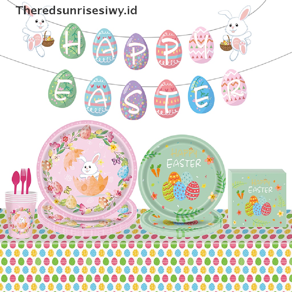 # Baju Lebaran # Happy Easter Banner Bunny Egg Plate Gelas Kertas Serbet Taplak Meja Dekorasi Paskah~